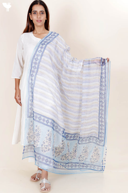 Kota Doria Dupatta In Block Print